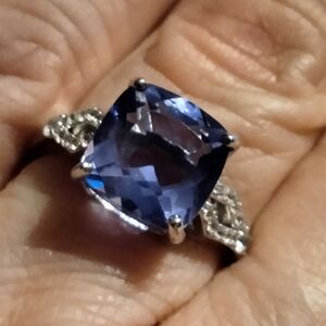 Blue Color Change Square Cut Fluorite with White Zircon Ring 3.99ctw